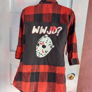 Custom Fri 13th Jason meme femme 3/4 sleeve flannel! Ooak! What would Jadon do